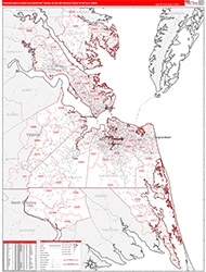 Virginia Beach-Norfolk-Newport News Metro Area Wall Map Red Line Style 2026